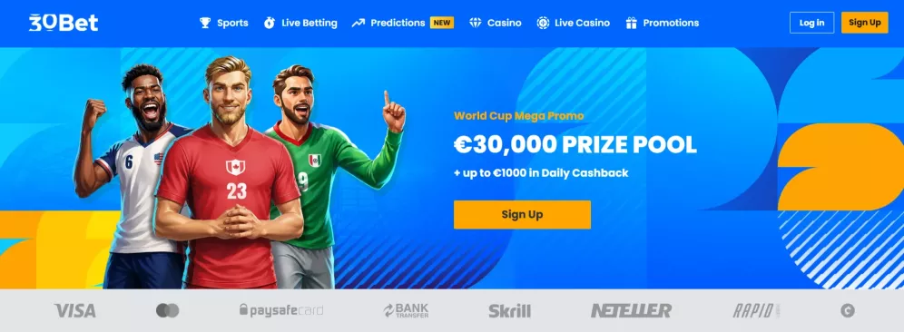 30bet casino — 150% tot €1.000 + 100 Gratis Spins welkomstbonus voor nieuwe spelers